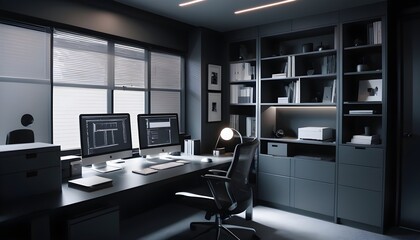 Home office interior background, modern interior in black and gray tones, home workplace, 3d rendering