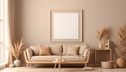 Frame mockup in home interior with decoration, living room in beige warm color