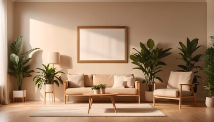 Frame mockup in home interior with decoration, living room in beige warm color