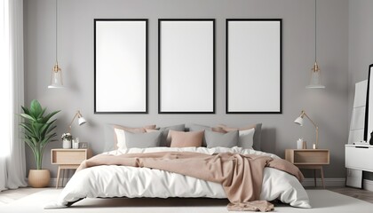 Blank poster frames in modern bedroom interior for mock up, 3d illustration