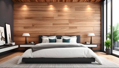 Beautiful Bedroom Interior design modern with wooden wall background. 3d rendering