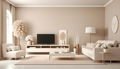 Home interior with console and decoration, living room in beige color with white furniture, 3d render