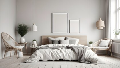 home interior, scandinavian style bedroom mock up, 3d rendering