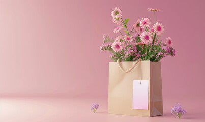 Shopping paper bag with spring flowers. Template for your promotional sale design.
