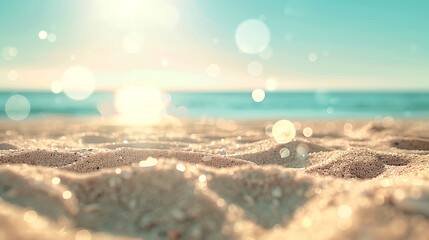 Obraz premium Beach with sun-kissed sands under a tranquil blue sky, bokeh lights dancing.