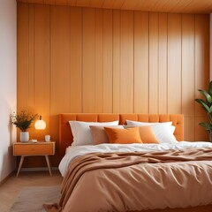 Scandinavian bedroom close up, paneled wall mock up, 3d render