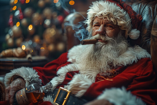 Portrait of a gray-bearded Santa Claus smoking a cigar and holding a bottle of whiskey	