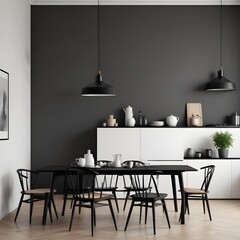 Mockup space on minimal black dining table in minimal cozy Scandinavian kitchen, 3d render