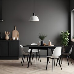 Mockup space on minimal black dining table in minimal cozy Scandinavian kitchen, 3d render