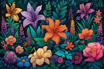 Flowers and Leaves Painting on Black Background