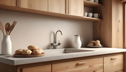 Empty stone countertop in a modern wooden kitchen, sink, scones, and milk, 3d rendering