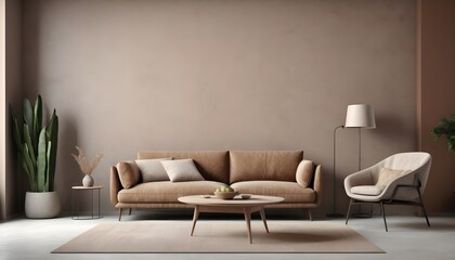 Bright living room interior with gray plaster wall, brown stylish sofa and beige armchair, 3d render