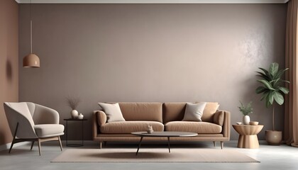 Bright living room interior with gray plaster wall, brown stylish sofa and beige armchair, 3d render
