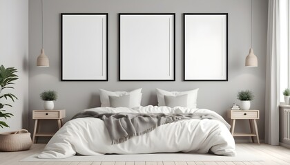 Blank frames in scandinavian style bedroom interior, home interior, 3d rendering