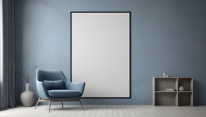 Fototapeta premium Big poster frame mockup in minimalistic interior with blue armchair and gray plaster wall, 3d render