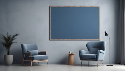 Big poster frame mockup in minimalistic interior with blue armchair and gray plaster wall, 3d render