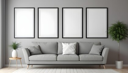 Empty poster frames mock up in modern home living room interior with sofa
