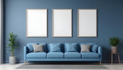 Empty poster frames mock up in modern home living room interior with sofa