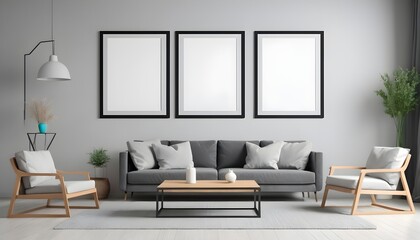 Empty poster frames mock up in modern home living room interior with sofa