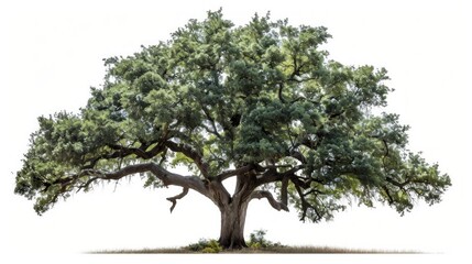 A majestic oak tree with sprawling branches and lush green leaves, standing alone with no background