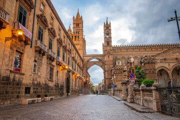 Street view of the famous Palermo Cathedral in Palermo, Italy