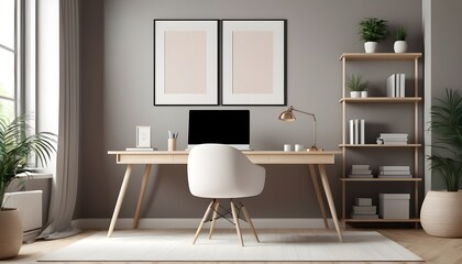 Home mockup, modern home office interior background, 3d render