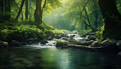 A quiet river flows in the forest in summer among green trees - Powered by Adobe