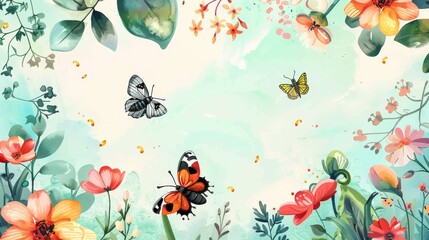 A painting of flowers and butterflies with a sky background