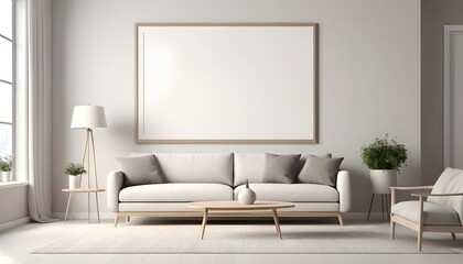 Fototapeta premium blank picture frame mock up in modern light living room interior with sofa, 3d visualization