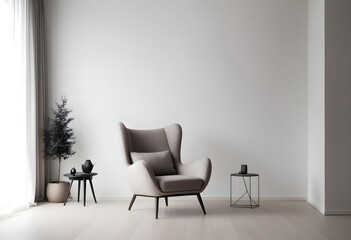 contemporary minimalist interior with armchair, blank wall