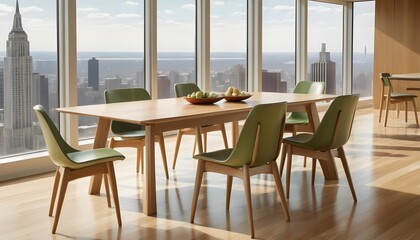 Dining table with green chairs and table near window, modern home interior, 3d rendering