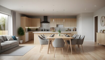 Dining room, living and kitchen in a new open plan home, 3d rendering