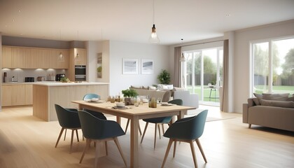 Dining room, living and kitchen in a new open plan home, 3d rendering