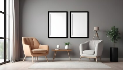 Empty picture frame mock up in modern room interior with armchair and console