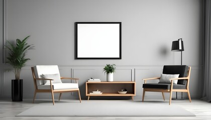 Empty picture frame mock up in modern room interior with armchair and console