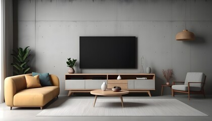 Living room interior with TV console, sofa and decoration, gray concrete wall