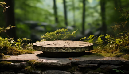 Stone Stage In Forest For Camping Equipment Display