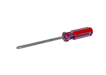 Screwdriver with a strong red plastic handle, isolated on the white background, with black tiny crosshead, a device used for screwing things or repair work