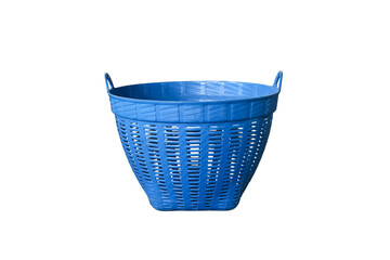 Blue plastic basket on white background, for carrying things, loading cloth for washing, laundry , putting fruit in the garden.