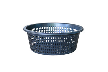 Black plastic basket on white background, for carrying things, loading cloth for washing, laundry ,...