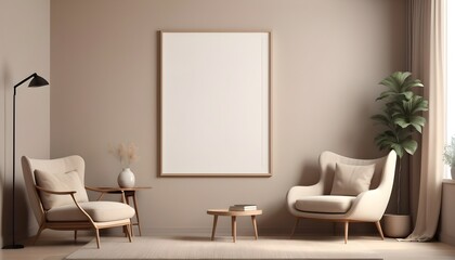 Big poster picture blank frame in modern home interior, beige tones