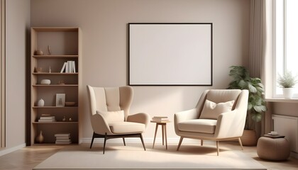 Big poster picture blank frame in modern home interior, beige tones