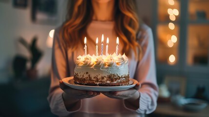 close up of woman holding a birthday cake with candles