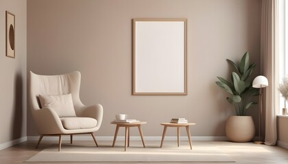 Fototapeta premium Big poster picture blank frame in modern home interior, beige tones