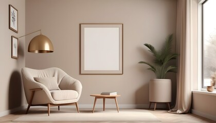 Big poster picture blank frame in modern home interior, beige tones