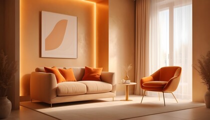 Minimalist living room interior with armchair and beige plasters walls. Interior mockup, 3d render