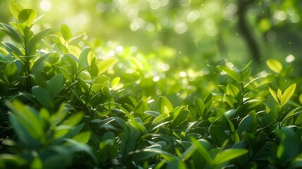 Obraz premium A fresh spring sunny garden background of green grass and blurred foliage bokeh