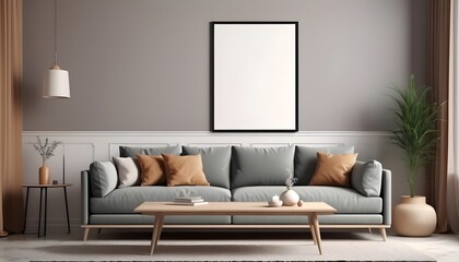Poster frame mock-up in home interior background with modern sofa, table and decor in living room, 3d render