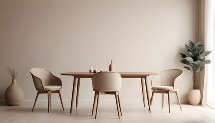 Beige contemporary minimalist interior with table, chair, blank wall, and decor