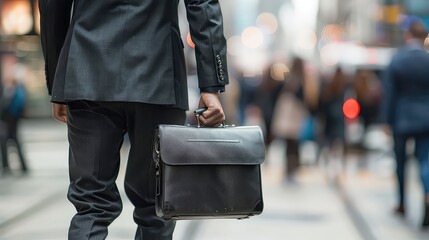 Closeup rearview of a businessman wearing an elegant suit, holding or carrying a black leather briefcase or a bag with equipment for an office job, walking on a city street outdoors